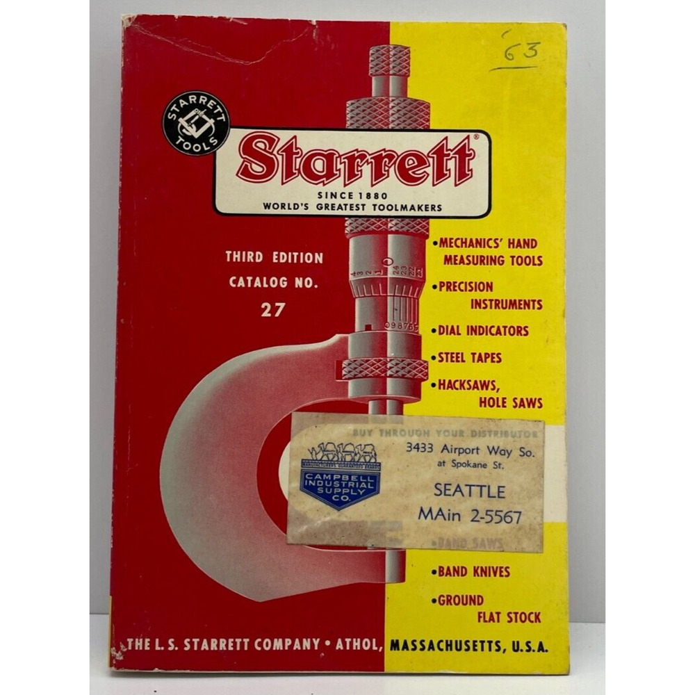 Vintage Starrett Tools Tool Catalog 3rd Edition No. 27 Copyright 1962